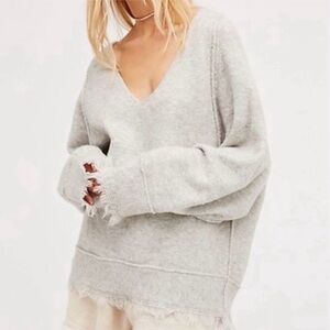Free People Irresistible wool & linen blend fringe dolman oversized sweater gray
